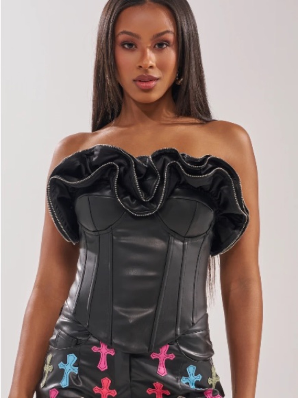 AKIRA Strapless Black Faux Leather Corset Top with Ruffle Trim Medium